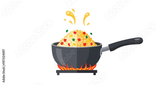 Vibrant fried rice preparation in a dark wok with a stylized flame underneath and energetic ingredient splashes above a pristine white background