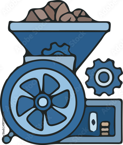 Stylized manual grinder icon, filled with raw beans, representing the enduring craft of traditional food processing and the transformation of ingredients