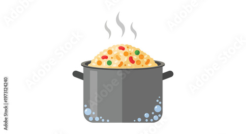 Steaming pot overflowing with a vibrant and colorful mixture of rice and vegetables, signifying a delicious and hearty meal preparation.