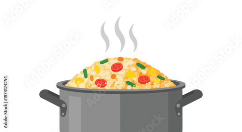Steaming Pot of Delicious Vegetable Rice with Tomato and Corn Filling the Cooking Vessel