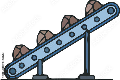 Conveyor belt system carrying rocks, illustration of industrial machinery for material transport