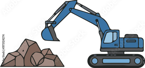 Vector illustration of a blue excavator, a heavy construction machine, by a pile of rocks, ready for earthmoving and site work