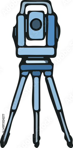 Professional surveying equipment, a blue theodolite mounted on a tripod, ideal for construction, engineering, and land measurement projects