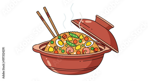 Steaming Pot of Savory Fried Rice with Shrimp, Egg, and Peas, Served with Chopsticks, a Delicious and Nourishing Meal