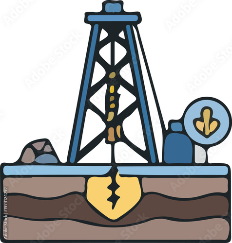 Vibrant industrial illustration of an oil drilling rig actively extracting essential fossil fuels from deep within the earth's subterranean layers, symbolizing energy exploration