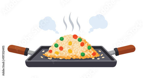 A Heap of Steaming Fried Rice With Colorful Vegetables Served on a Griddle