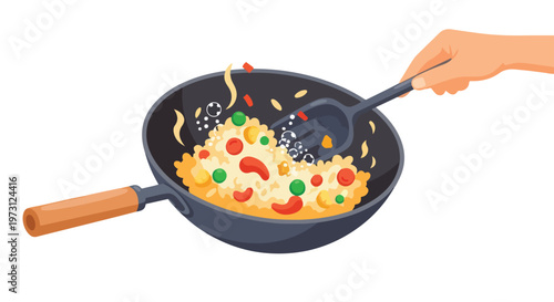 Vibrant illustration of a hand stir-frying a delicious and colorful rice dish in a wok with a spatula, creating a culinary masterpiece.