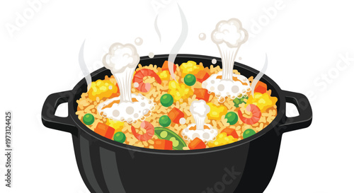 Vibrant Cartoon Illustration of a Deliciously Steaming Pot of Paella, Bursting with Flavorful Ingredients and Culinary Excitement