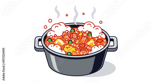 Whimsical illustration of a steaming pot of savory stew bubbling with colorful ingredients and foamy froth, ready for a delicious meal