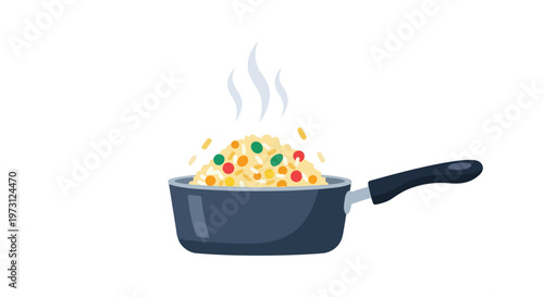 A steaming pot of colorful fried rice, depicting a culinary delight prepared in a dark cooking vessel, ready to be served and savored with joy