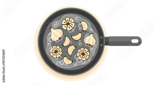 A delightful illustration of garlic cloves and whole bulbs simmering in a pan with visible bubbles, creating a culinary scene