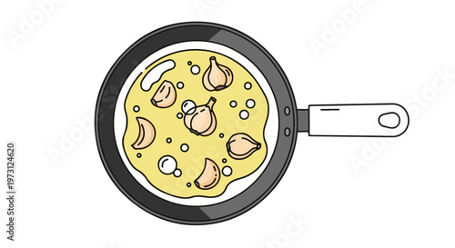 Cartoon frying pan filled with sizzling garlic cloves in oil, a simple cooking illustration