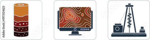 Geological strata layers shown on a monitor with topographic lines alongside a drilling rig and equipment, illustrating earth science and resource exploration