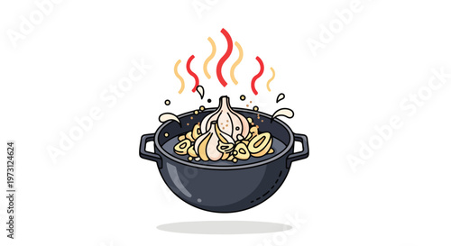 Flavorful garlic and onion medley sizzling in a cast-iron pot, emitting aromatic steam and culinary delight