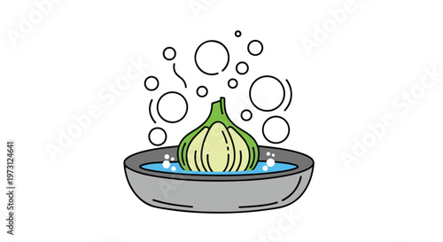 A stylized illustration of a garlic bulb soaking in a bowl of water with bubbles emanating upwards