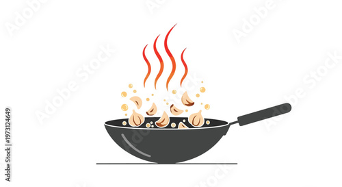 Aromatic garlic sizzling in a wok, releasing flavorful steam and tiny bubbles, an illustration of culinary art and delicious food preparation