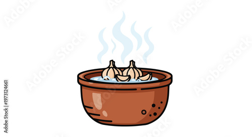 Steaming garlic cloves and bulbs in a rustic clay bowl creating aromatic vapor, a simple yet potent culinary illustration