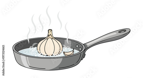 Garlic bulb and clove simmering in a pan with bubbling water and rising steam, illustrating a culinary preparation step
