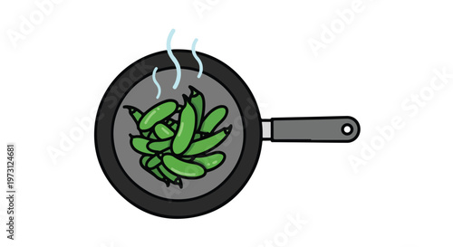 Steaming green edamame pods sizzling in a hot pan illustration cooking fresh vegetable healthy food preparation