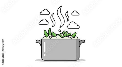Stylized illustration of a steaming pot filled with vibrant green peas, evoking a sense of freshly prepared food and culinary delight