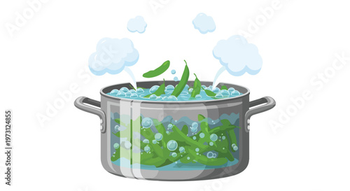 Illustrative depiction of fresh green beans vigorously bubbling and steaming in a transparent boiling pot on a white backdrop