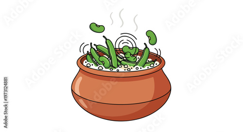 Fresh green beans bubbling in a rustic clay pot, a vibrant culinary illustration capturing the essence of home cooking