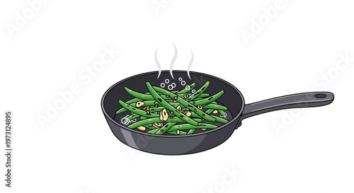 Freshly Sautéed Green Beans with Garlic Emitting Steam in a Frying Pan, A Culinary Illustration