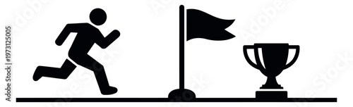 Simple silhouette illustration of a runner depicting progress towards a flag and trophy for success concepts