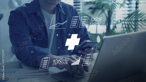 Health insurance and medical healthcare. Medical business life protection plan, digital hospital technology, medicine, patient checkup service, global science innovation, and smart wellness system.