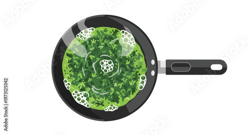 Vibrant green leafy vegetables sizzling and bubbling in a black frying pan seen from directly overhead, illustrating healthy cooking.