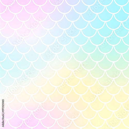 A vibrant, pastel-colored graphic resembling overlapping scales, evoking a mermaid's tail. Soft gradients blend pink, yellow, blue, and green hues creating a whimsical design