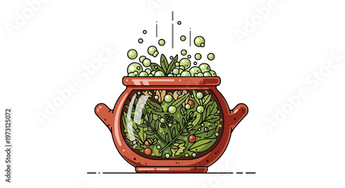 Enchanting cauldron brimming with magical herbs and bubbling potion, emitting ethereal wisps of vapor, an illustration