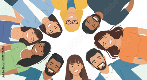 People form a circle while looking down at the camera with happy smiles.