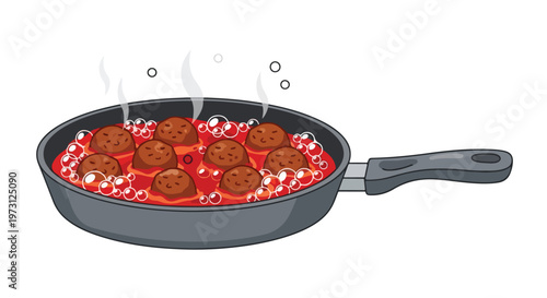 Hearty meatballs simmer in savory red sauce within a frying pan, releasing steam and bubbles, a comforting culinary scene