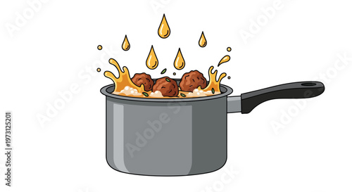 Illustration of flavorful meatballs simmering in a pot with vibrant splashing sauce and droplets signifying delicious culinary preparation