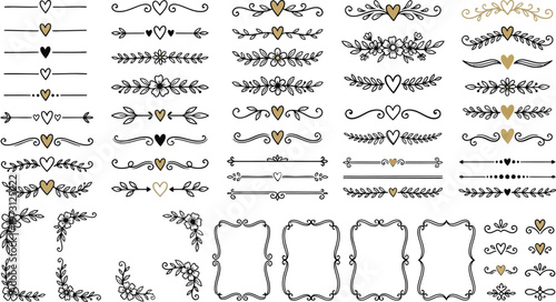 Hand-drawn decorative dividers with flowers and hearts. Elegant doodle borders and vignettes for wedding, card, and blog decoration. Decorative separators, text dividers, and border lines set