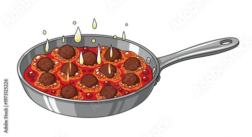 Savory Meatballs Simmering in a Rich Tomato Sauce within a Sizzling Skillet Illustration