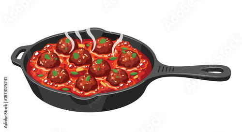 Hearty and Delicious Meatballs Simmering in a Rich Tomato Sauce Served in a Cast Iron Skillet Freshly Prepared for Enjoyment and Served Hot with