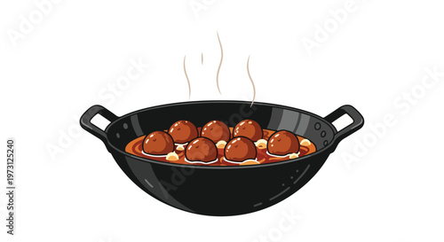 A delectable illustration of steaming meatballs simmered in a rich sauce, presented in a rustic cooking pan, perfect for culinary themes