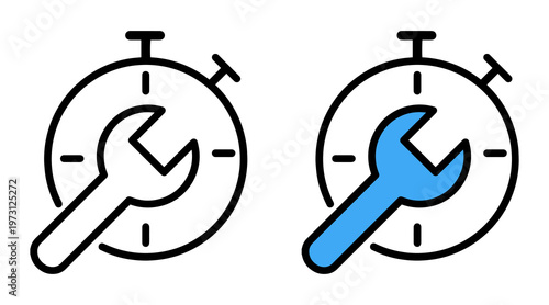Wrench and gear icon with time markings isolated on white background