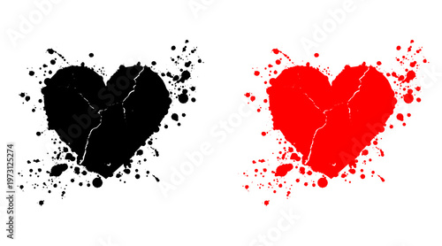 Grunge Heart Icon Set – Love Splash Vector Illustration in Black and Red