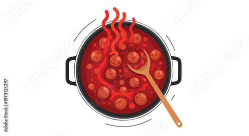 A steamy top-down view of a pot of hearty meatballs simmering in rich tomato sauce with a wooden spoon ready to serve