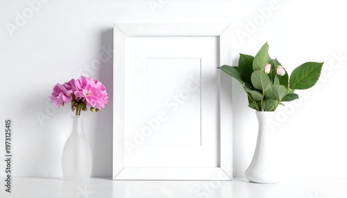 A white frame stands between two vases, one with pink flowers, the other green leaves and buds, all against a stark white wall