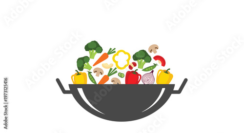 Colorful Assortment of Fresh Vegetables Overflowing from a Stylized Wok Ready for Culinary Creation