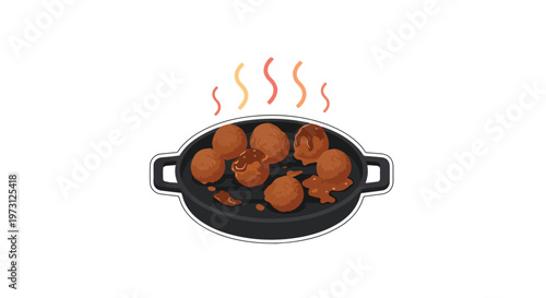 Delectable warm meatballs in a cast iron pan with dripping savory sauce, a delightful culinary illustration