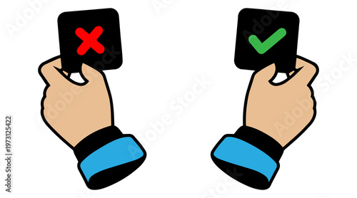 Hand drawn green check mark and red cross icons with brush stroke texture for voting surveys decision making pros and cons and validation