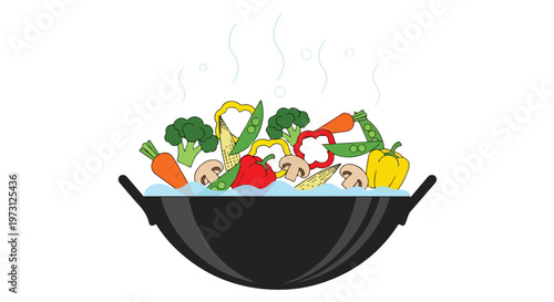 Vibrant Assortment of Fresh Vegetables Steaming in a Wok, Ready for Culinary Preparation and Healthy Eating