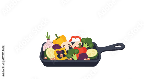 Vibrant Assortment of Fresh Vegetables and Culinary Ingredients Presented in a Cast Iron Skillet for Cooking Preparation and Healthy Eating Concepts