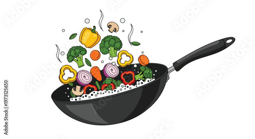 Vibrant Assortment of Fresh Vegetables Being Stir-Fried in a Wok Against a Clean White Background