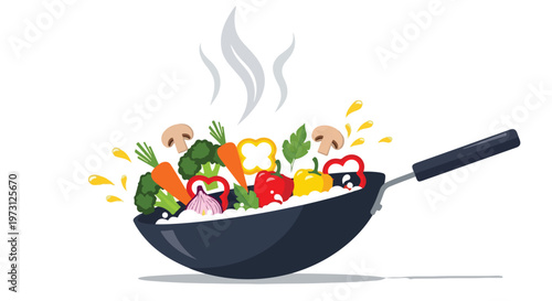 Vibrant Stir-Fry Vegetable Medley Cooking in a Wok with Steaming Aroma